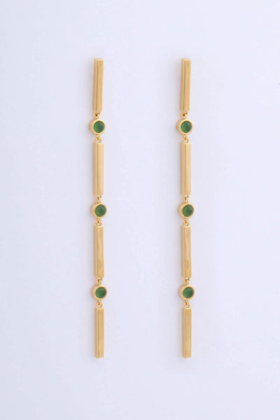 Pair of gold plated long drop earrings by Miro Miro. Featuring interlocking bars and natural chrysoprase stones set in a bezel fitting.