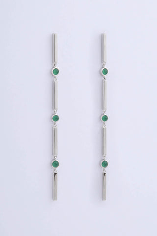 Pair of rhodium plated sterling silver long drop earrings by Miro Miro. Featuring interlocking bars and natural chrysoprase stones set in a bezel fitting.