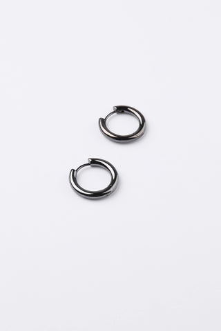 A pair of small black metal hoop earrings with a split-back design, displayed on a clean white background.