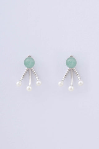 Pair of rhodium plated sterling silver earrings by Miro Miro, featuring a spherical natural chrysoprase stud, and an ear jacket with three freshwater pearls on a pronged finish.