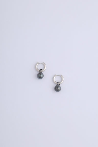 Silver hoop earrings with oxidised silver drop spheres